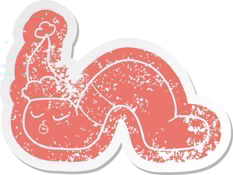cartoon distressed sticker of a worm wearing santa hat vector