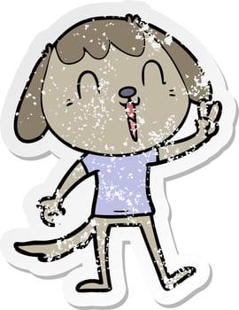 distressed sticker of a happy cartoon dog giving peace sign vector