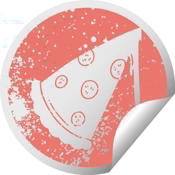 quirky distressed circular peeling sticker symbol slice of pizza vector
