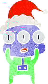 retro cartoon of a three eyed alien wearing santa hat vector