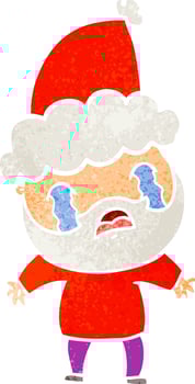 retro cartoon of a bearded man crying wearing santa hat vector