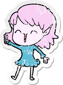 distressed sticker of a cartoon elf girl vector