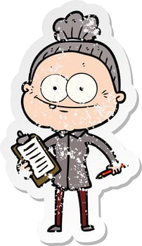 distressed sticker of a cartoon happy old woman vector