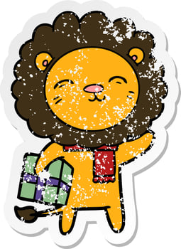 distressed sticker of a cartoon lion with christmas present vector