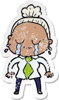 distressed sticker of a cartoon crying old lady vector