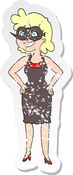 retro distressed sticker of a cartoon woman wearing mask vector