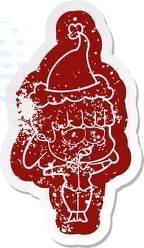 cartoon distressed sticker of a tired woman wearing santa hat vector