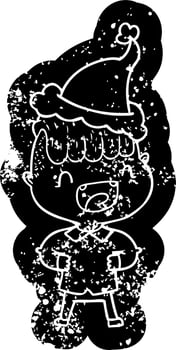 cartoon distressed icon of a happy boy laughing wearing santa hat vector