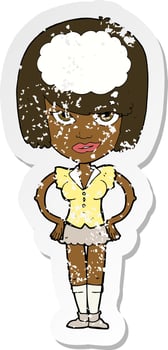retro distressed sticker of a cartoon woman thinking vector