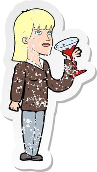 retro distressed sticker of a cartoon woman drinking cocktail vector