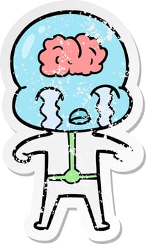 distressed sticker of a cartoon big brain alien crying vector