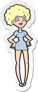 sticker of a cartoon happy woman with hands on hips vector