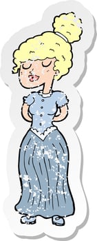 retro distressed sticker of a cartoon pretty victorian woman vector
