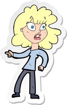 sticker of a cartoon worried woman pointing vector