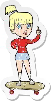 retro distressed sticker of a cartoon skater girl vector