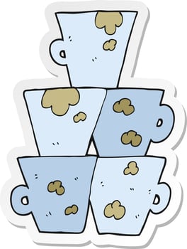 sticker of a cartoon stack of dirty coffee cups vector