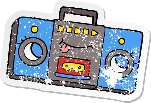 distressed sticker of a cartoon retro cassette tape player vector