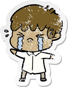 distressed sticker of a cartoon boy crying vector