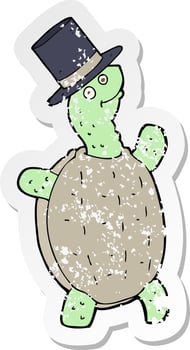 retro distressed sticker of a cartoon turtle in top hat vector
