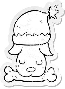 distressed sticker of a cartoon christmas dog with bone vector