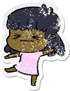 distressed sticker of a cartoon angry girl vector