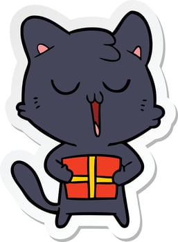 sticker of a cartoon cat with present vector