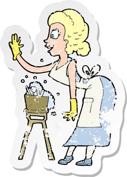 retro distressed sticker of a cartoon housewife washing up vector