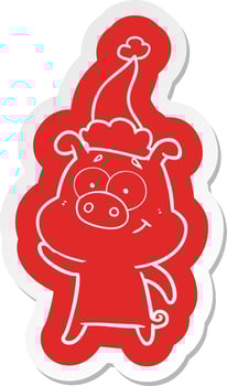 happy cartoon  sticker of a pig wearing santa hat vector