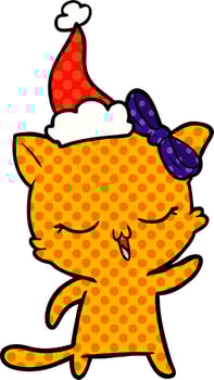 comic book style illustration of a cat with bow on head wearing santa hat vector