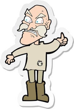 sticker of a cartoon angry old man in patched clothing vector