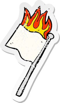 retro distressed sticker of a cartoon burning white flag vector