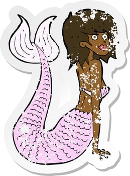 retro distressed sticker of a cartoon mermaid vector