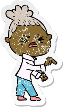 distressed sticker of a cartoon angry woman vector