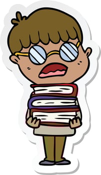 sticker of a cartoon boy with books wearing spectacles vector