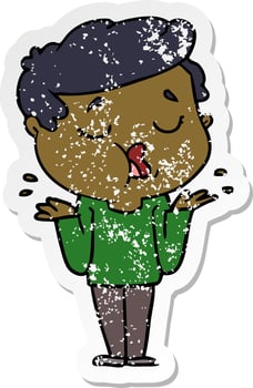distressed sticker of a cartoon man talking and shrugging shoulders vector