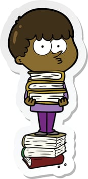 sticker of a cartoon curious boy with lots of books vector