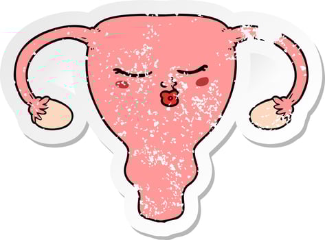 distressed sticker of a cartoon uterus vector