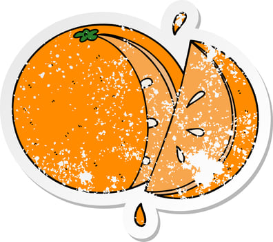 distressed sticker of a cartoon orange slice vector