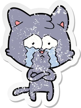 distressed sticker of a cartoon crying cat vector