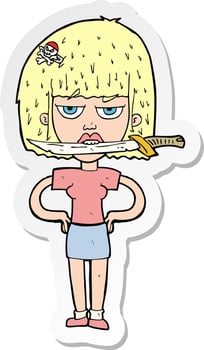 sticker of a cartoon woman with knife between teeth vector