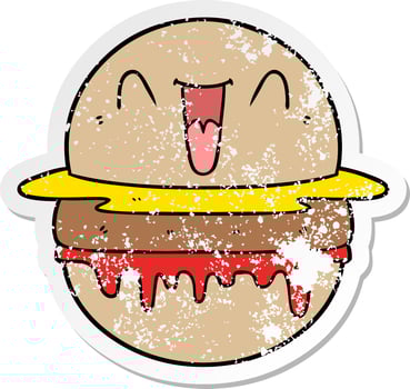 distressed sticker of a cartoon happy burger vector