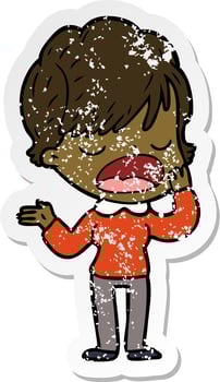 distressed sticker of a cartoon woman talking vector