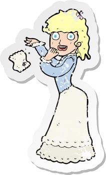 retro distressed sticker of a cartoon victorian woman dropping handkerchief vector