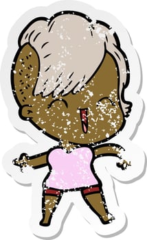 distressed sticker of a cartoon happy hipster girl vector