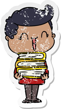 distressed sticker of a cartoon laughing boy carrying books vector