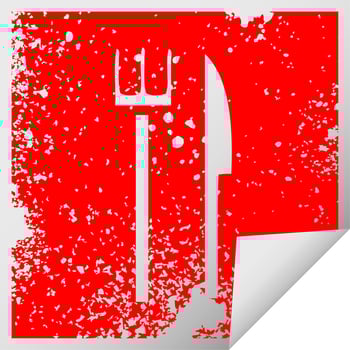 distressed square peeling sticker symbol knife and fork vector