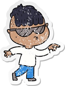 distressed sticker of a cartoon boy wearing sunglasses pointing vector