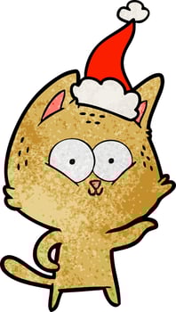 textured cartoon of a cat wearing santa hat vector