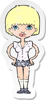 retro distressed sticker of a cartoon woman with hands on hips vector