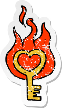 retro distressed sticker of a cartoon flaming key vector